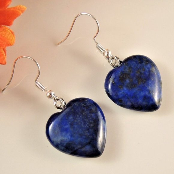 Natural Lapis Lazuli Stone Heart Dangle Earrings Blue Gemstone Drop Earrings - Picture 1 of 3